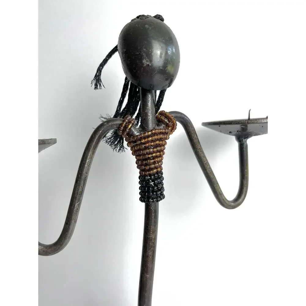 African Metal Beaded Candle Holder Sculpture Figurine Holds 2 Candles 15.5” Tall